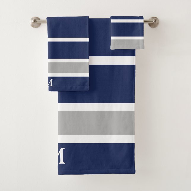 Bold Navy Blue Grey Monogram Bath Towel Set (Insitu)
