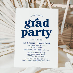 Bold Navy Blue Typography Graduation Party Invitation
