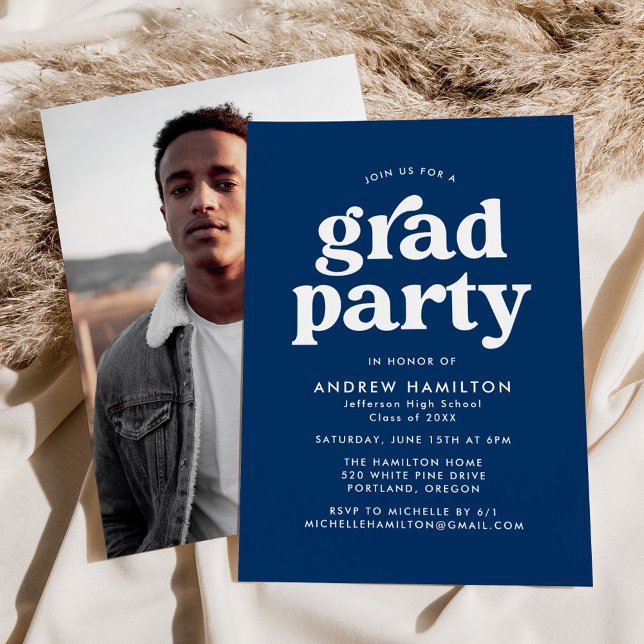 Bold Navy Blue Typography Photo Graduation Party Invitation (Creator Uploaded)