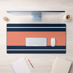 Bold Navy Blue Wide Salmon White Racing Stripes Desk Mat