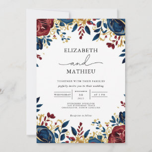Bold Navy Burgundy Floral Garden Wedding Invitation