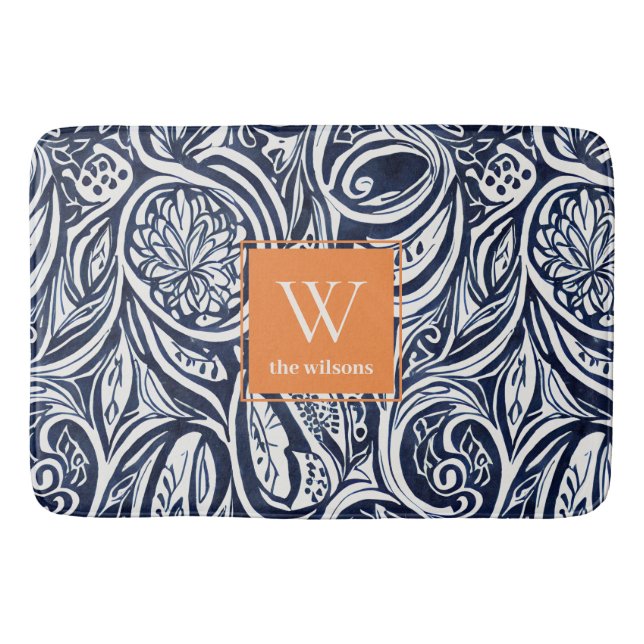 Bold Navy Rust Abstract Classy Botanical Monogram Bath Mat (Front)