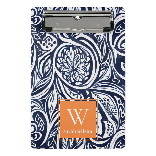 Bold Navy Rust Abstract Classy Botanical Monogram Mini Clipboard (Front)