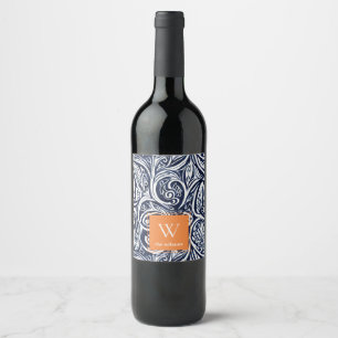 Bold Navy Rust Abstract Classy Botanical Monogram Wine Label