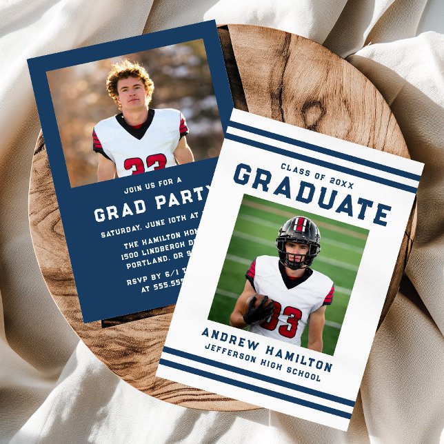 Bold Navy Stripes Athletic Photo Graduation Party Invitation (Creator Uploaded)