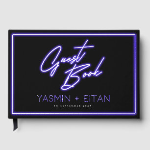 Bold Neon Purple Lights Black Modern Wedding Guest Book