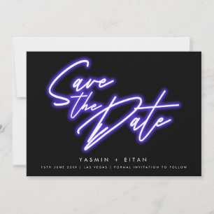 Bold Neon Purple Lights Black Modern Wedding Save The Date