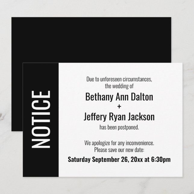 Bold Notice, Postponed Wedding Announcement (Front/Back)