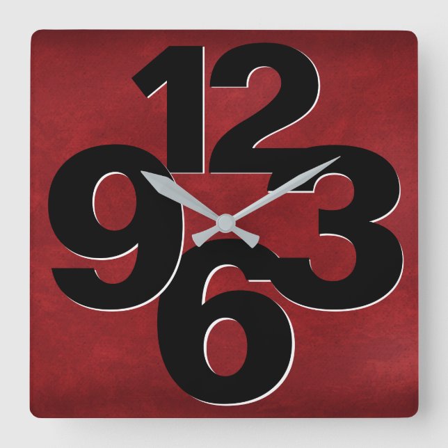 Bold Number Face On Red Square Wall Clock (Front)