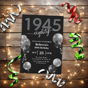 Bold Numbers Glitter Balloons 80th Birthday Party Invitation