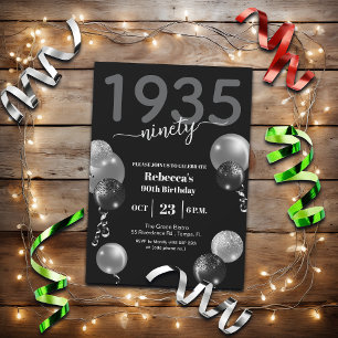 Bold Numbers Glitter Balloons 90th Birthday Party  Invitation