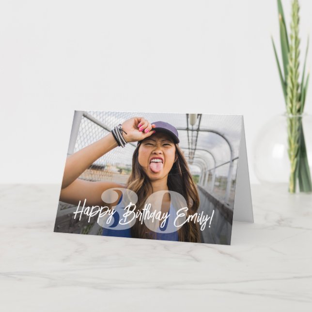 Bold Numbers Photo Overlay Happy Birthday Script Card (Front)