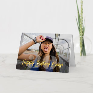 Bold Numbers Photo Overlay Happy Birthday Script Foil Greeting Card