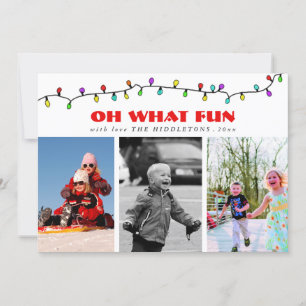 Bold Oh What Fun Red Script Three Photo Holiday Card