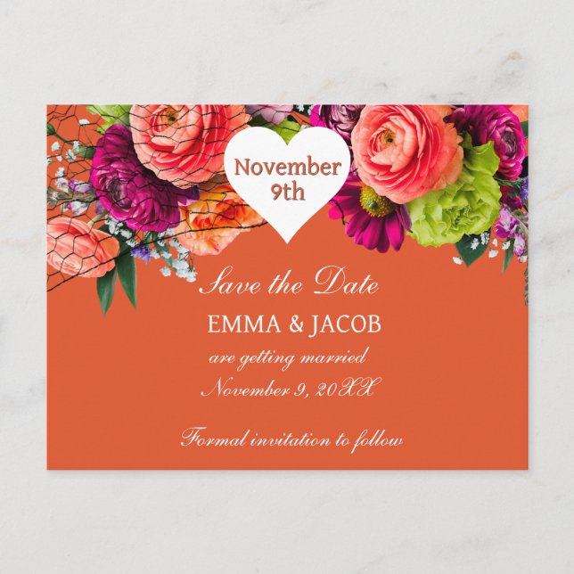 Bold Orange and Pink Roses Announcement Postcard (Front)