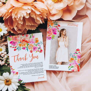 Bold Orange and Pink Watercolor Floral Graduation Thank You Card