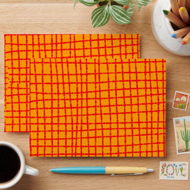 Bold Orange and Red Check Pattern Unique Envelope (Desk)
