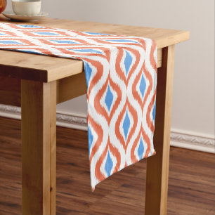 Bold Orange Azure Blue White Ikat Ogee Art Pattern Short Table Runner