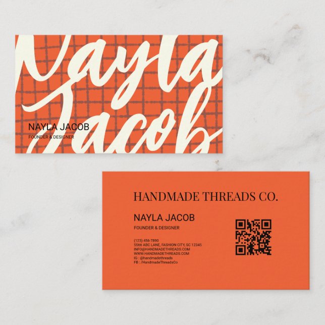 Bold Orange Brown Check Pattern QR Code Handmade Business Card (Front/Back)