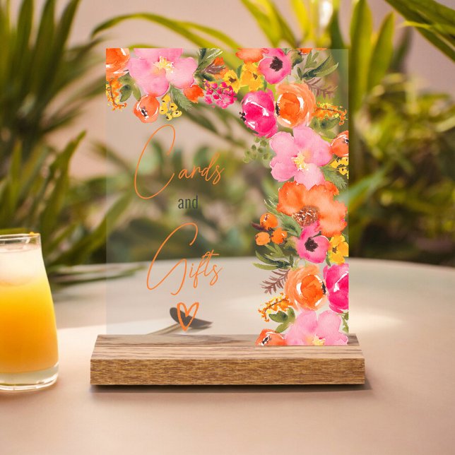 Bold orange floral script cards gift bridal shower acrylic sign (Bold orange floral script cards gift bridal shower acrylic sign)