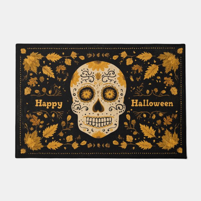 Bold Orange Happy Halloween Skull Doormat (Front)