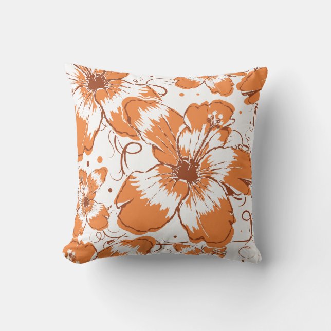 Bold Orange Hawaiian Floral Throw Pillow (Front)