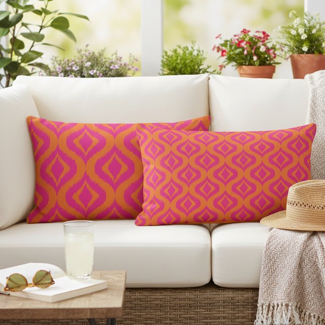 Bold Orange Hot Pink Summer Ikat Ogee Art Pattern Lumbar Cushion (Creator Uploaded)