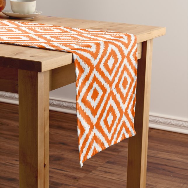 Bold Orange Ikat Squares Mosaic Art Pattern Short Table Runner (In Situ)