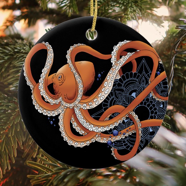 Bold Orange Mesmerising Octopus Mandala  Ceramic Tree Decoration (Creator Uploaded)
