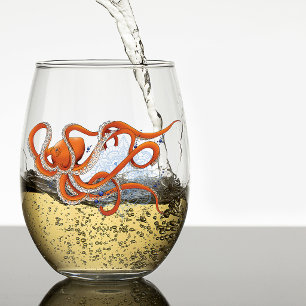 Bold Orange Mesmerising Octopus Mandala Stemless Wine Glass