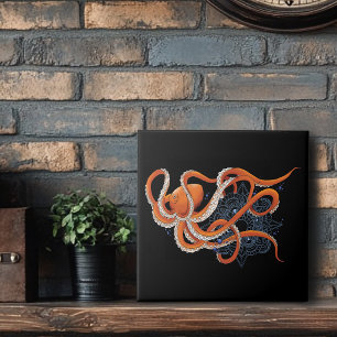 Bold Orange Mesmerising Octopus Mandala  Tile