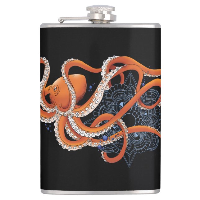 Bold Orange Mesmerizing Octopus Mandala  Hip Flask (Front)
