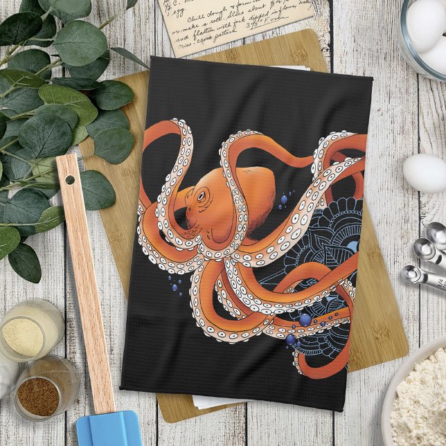 Bold Orange Mesmerizing Octopus Mandala Tea Towel (Creator Uploaded)