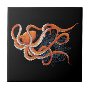 Bold Orange Mesmerizing Octopus Mandala  Tile