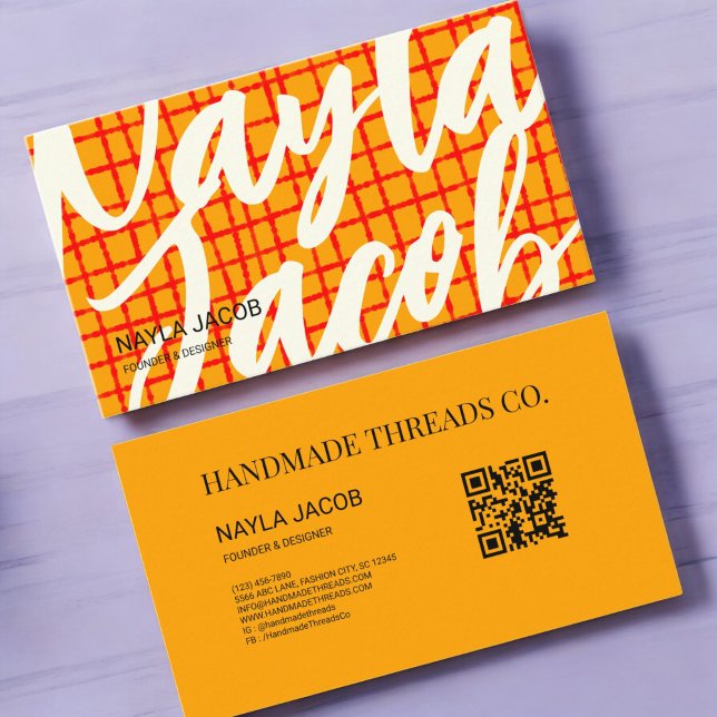 Bold Orange Red Check Pattern QR Code for Handmade Business Card (Creator Uploaded)