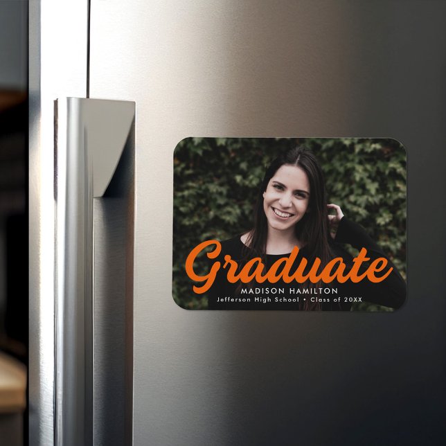 Bold Orange Script Photo Graduation Announcement Magnet (Creator Uploaded)