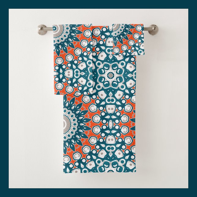 Bold Orange & Teal Mandala Geometric Totem Pattern Bath Towel Set (Creator Uploaded)