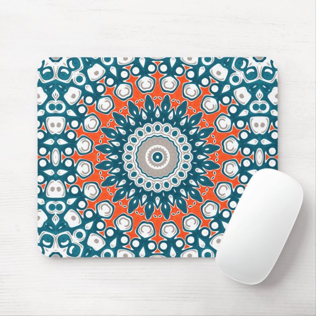 Bold Orange & Teal Mandala Geometric Totem Pattern Mouse Pad (With Mouse)