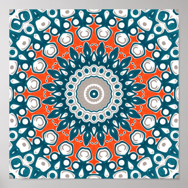 Bold Orange & Teal Mandala Geometric Totem Pattern Poster (Front)