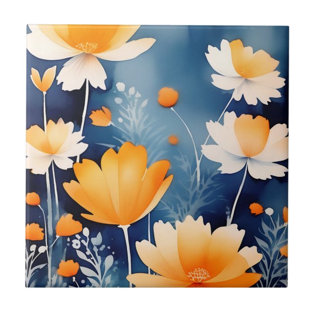 Bold Orange Watercolor Floral Tile (Front)