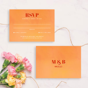 Bold Orange Watercolor Sunset Monogram Wedding RSVP Card