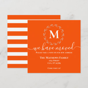Bold Orange White Wreath Monogram We Have Moved Announcement