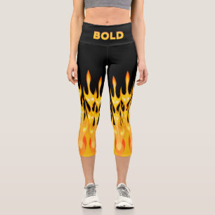 Bold orange yellow fire flames on black capri leggings