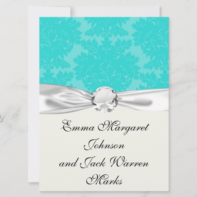 bold ornate aqua aquamarine blue damask pattern invitation (Front)