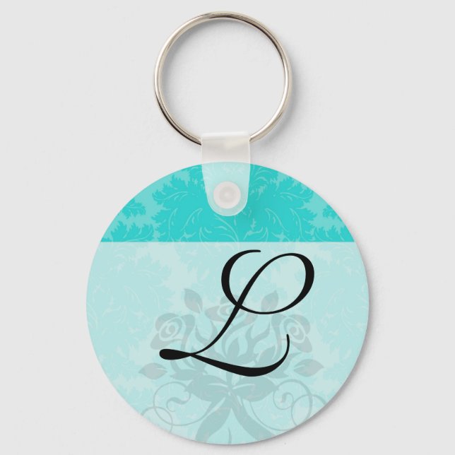 bold ornate aqua aquamarine blue damask pattern key ring (Front)