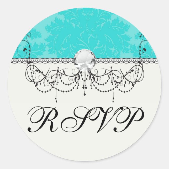 bold ornate aquamarine aqua blue damask pattern classic round sticker (Front)