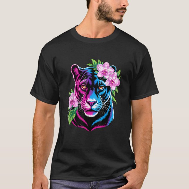 Bold Panther with Pink Flowers  T-Shirt (Front)