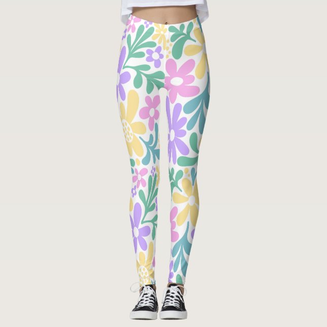 Bold Pastel Retro Floral Leggings (Front)