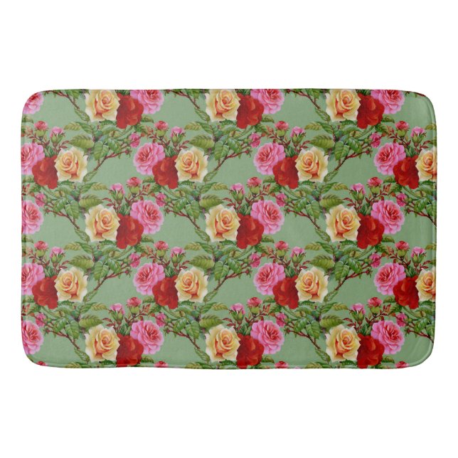 Bold Pattern Red Yellow Pink Roses and Foliage Bath Mat (Front)