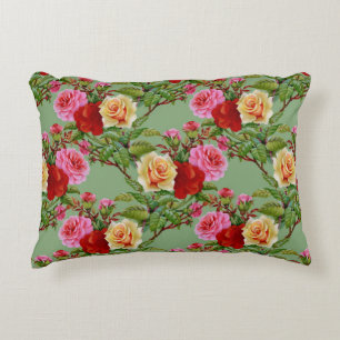 Bold Pattern Red Yellow Pink Roses and Foliage Decorative Cushion